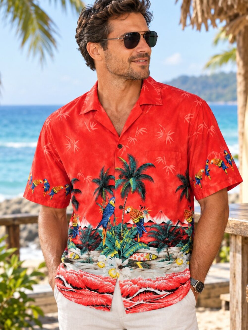 KY Aloha Hawaiian Shirt Parrots Surfboard Beach